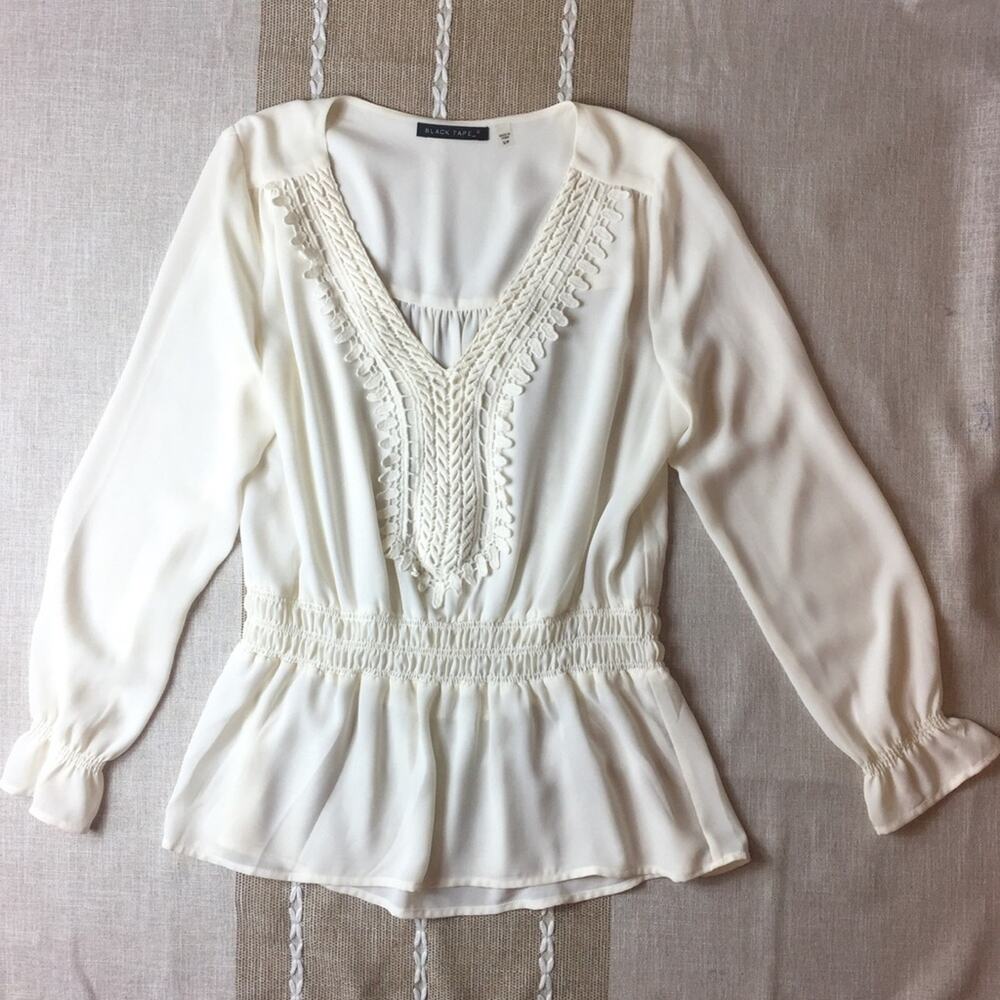 Black Tape Ivory‎ L/S Boho HiLo Top w/ Crochet Trim, Sz SP